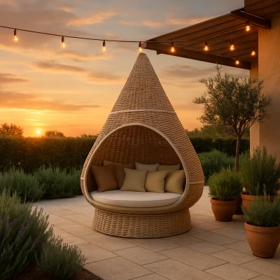 MELODIA - conchiglione con struttura in alluminio verniciato rivestito in rattan