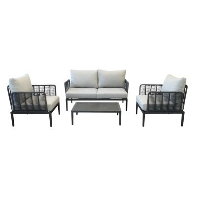 ESCONDIDO - salotto con struttura in alluminio antracite e corda in pvc, tavolino effetto pietra