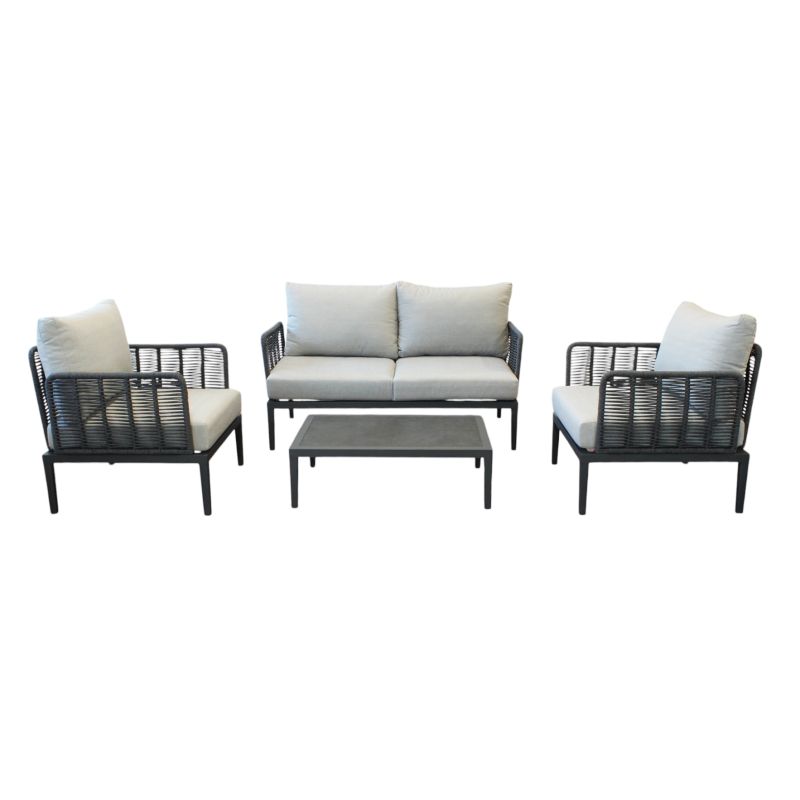 ESCONDIDO - salotto con struttura in alluminio antracite e corda in pvc, tavolino effetto pietra