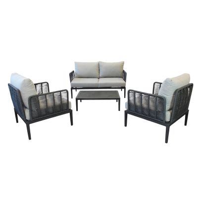 ESCONDIDO - salotto con struttura in alluminio antracite e corda in pvc, tavolino effetto pietra