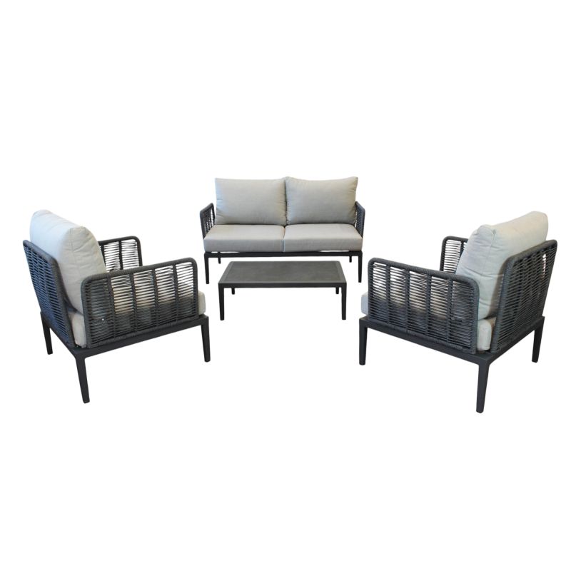 ESCONDIDO - salotto con struttura in alluminio antracite e corda in pvc, tavolino effetto pietra