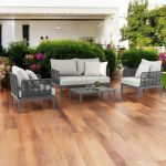 ESCONDIDO - salotto con struttura in alluminio antracite e corda in pvc, tavolino effetto pietra