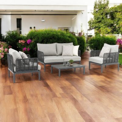ESCONDIDO - salotto con struttura in alluminio antracite e corda in pvc, tavolino effetto pietra