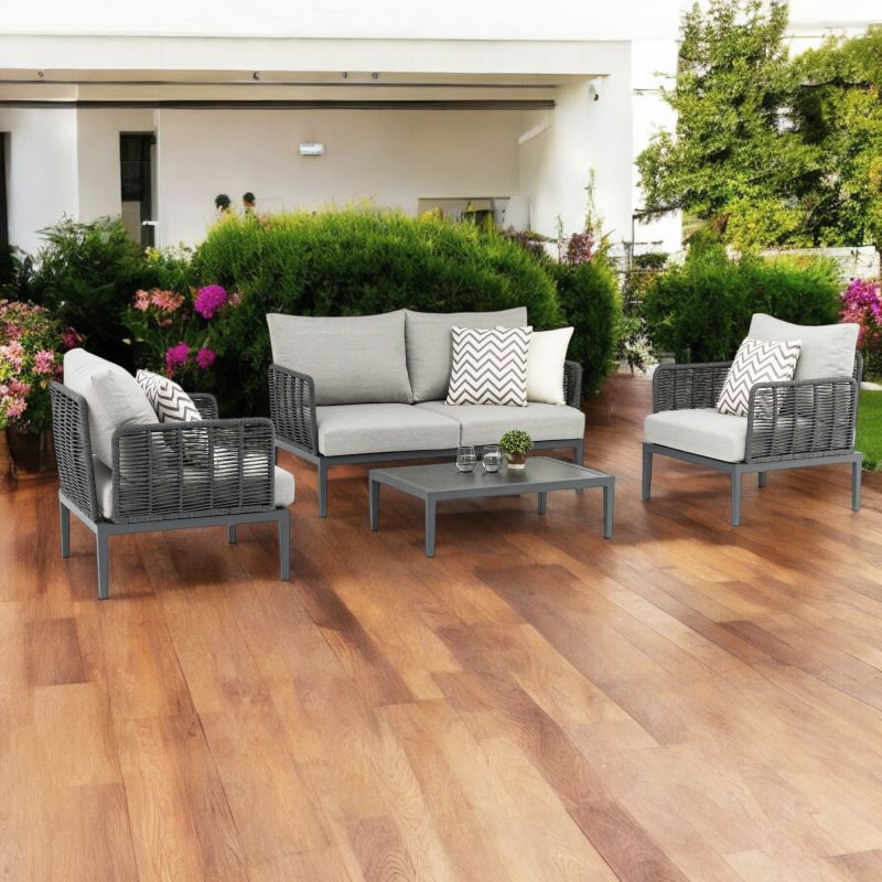 ESCONDIDO - salotto con struttura in alluminio antracite e corda in pvc, tavolino effetto pietra