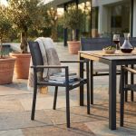 IMPACTO - poltrona impilabile in alluminio bianco o antracite con braccioli effetto legno