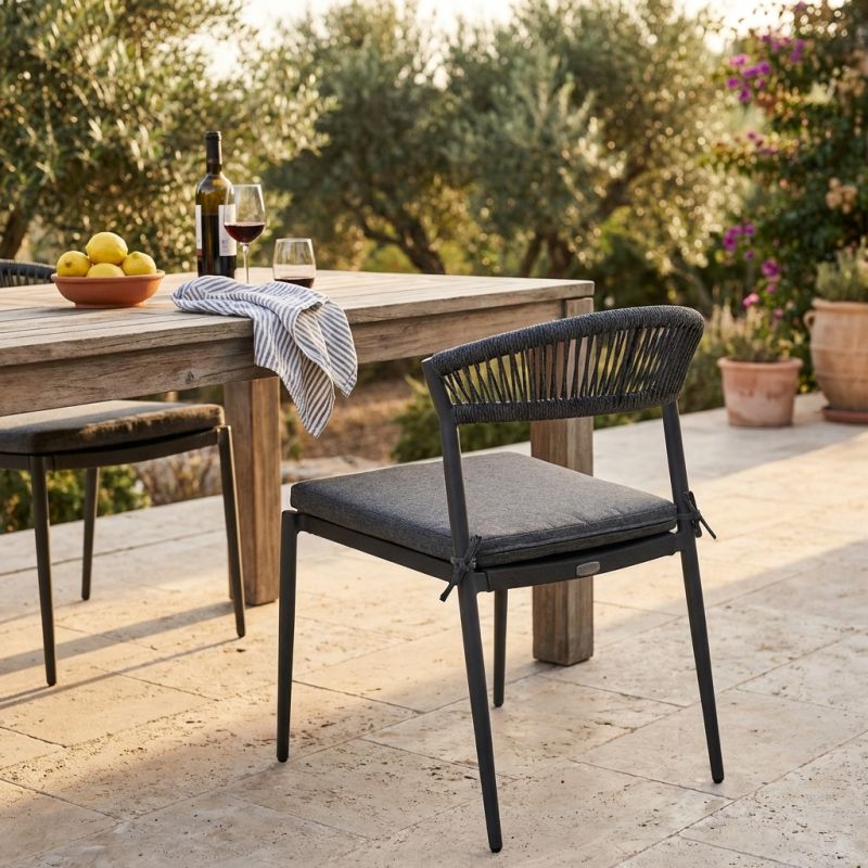 MIRADA - struttura in alluminio bianco o antracite, schienale in corda e seduta in textilene con cuscino