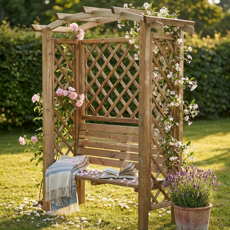 pergola ad arco con panca da giardino in legno di pino impregnato in autoclavex190h