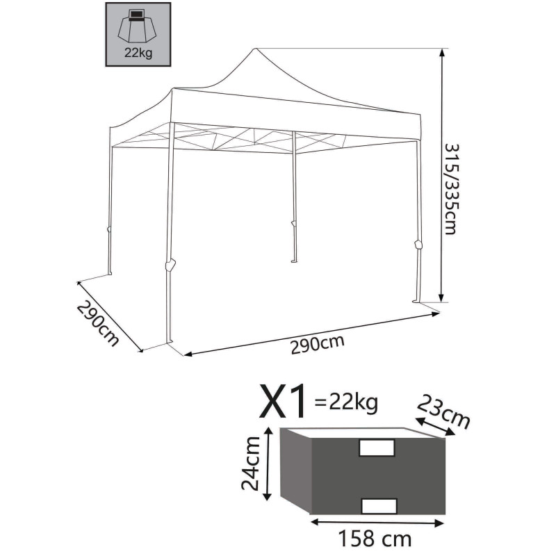 DIADEMA - gazebo pieghevole e richiudibile completo di sacca protettiva in acciaio 3 x 3 m
