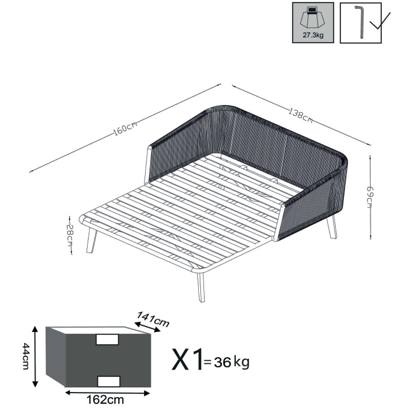 URANUS - divano letto da giardino in alluminio e corda completo di cuscini