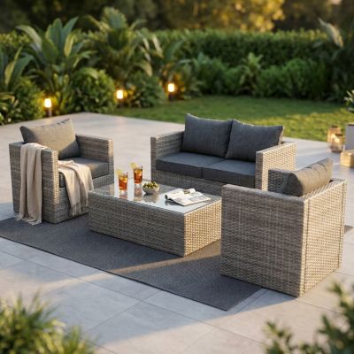 XENO - salotto da giardino completo di cuscini intreccio in rattan sintetico
