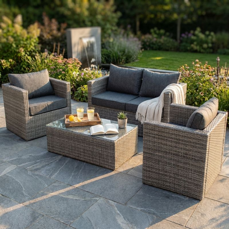 XENO - salotto da giardino completo di cuscini intreccio in rattan sintetico