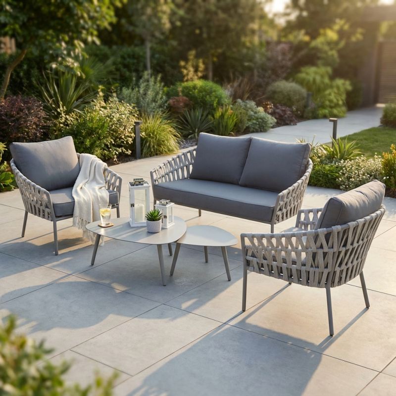 DORCAS - salotto da giardino completo di cuscini intreccio in rattan sintetico