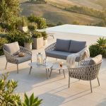 DORCAS - salotto da giardino completo di cuscini intreccio in rattan sintetico