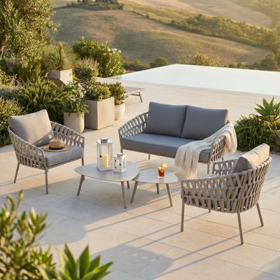 DORCAS - salotto da giardino completo di cuscini intreccio in rattan sintetico