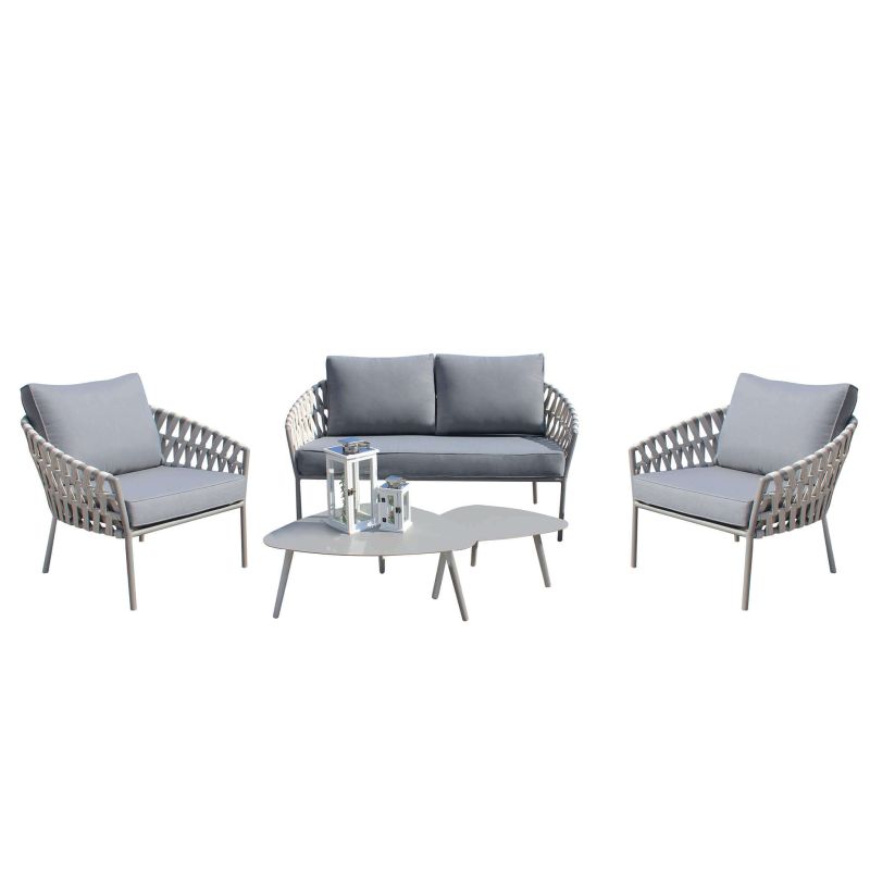 DORCAS - salotto da giardino completo di cuscini intreccio in rattan sintetico