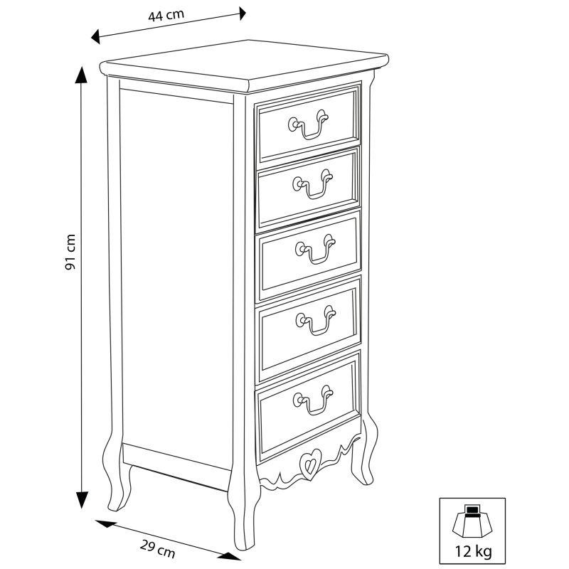 CARINE - cassettiera 5 cassetti in legno di paulownia shabby chic