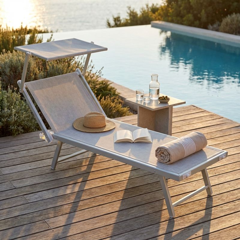 HUGO - lettino mare prendisole pieghevole in alluminio con tettuccio
