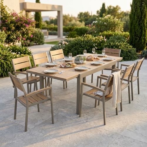 VIDUUS - set tavolo in alluminio e polywood cm 160/240 x 95 x 75 h con 8 poltrone Viduus