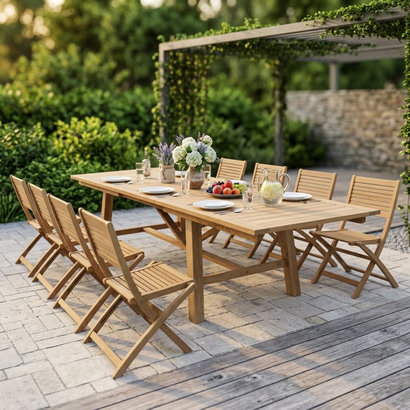 ORATOR - set tavolo in teak cm 160/240 x 90 x 77 h con 8 sedie Orator