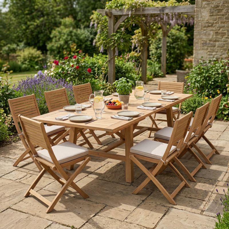 ORATOR - set tavolo in teak cm 160/240 x 90 x 77 h con 8 sedie Orator