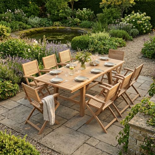 ORATOR - set tavolo in teak cm 160/240 x 90 x 77 h con 8 poltrone Orator