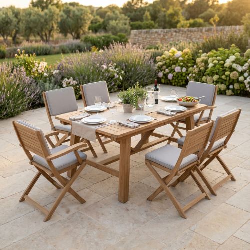 ORATOR - set tavolo in teak cm 160/240 x 90 x 77 h con 4 sedie e 2 poltrone Orator