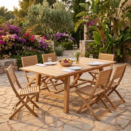 ORATOR - set tavolo in teak cm.220/300 x 100 x 77 h con 6 sedie Orator