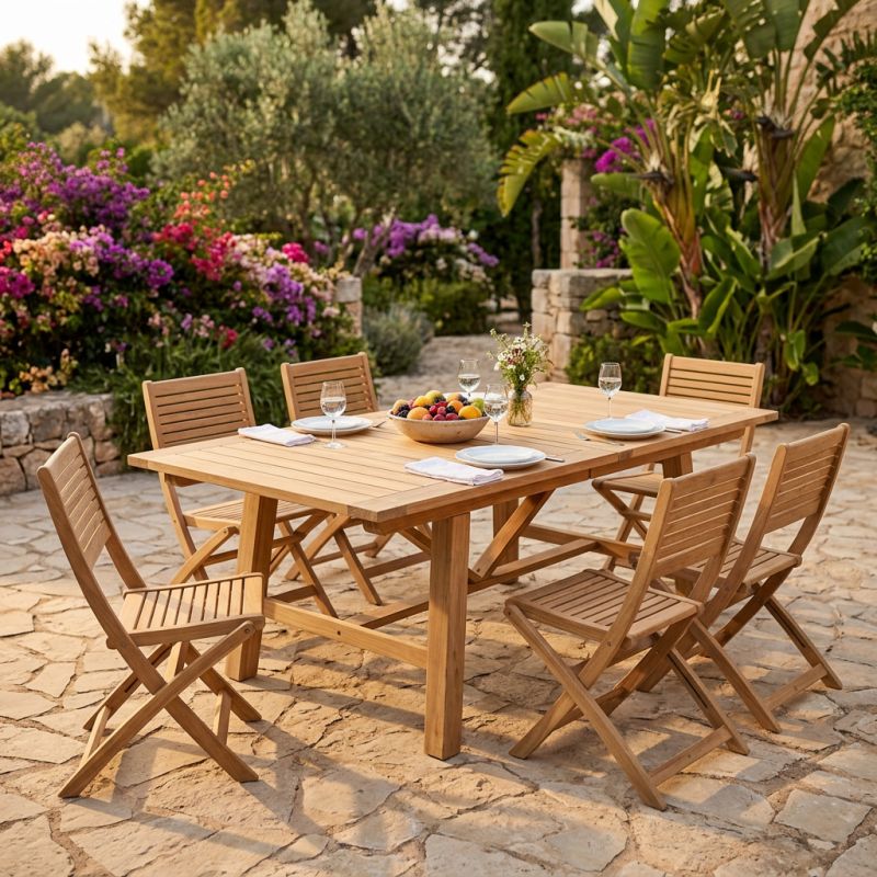 ORATOR - set tavolo in teak cm.220/300 x 100 x 77 h con 6 sedie Orator