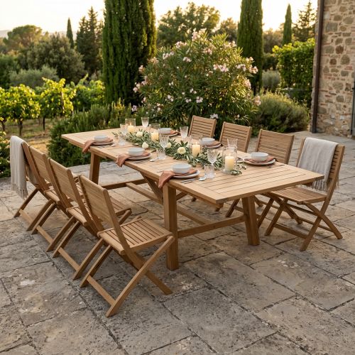 ORATOR - set tavolo in teak cm.220/300 x 100 x 77 h con 8 sedie Orator