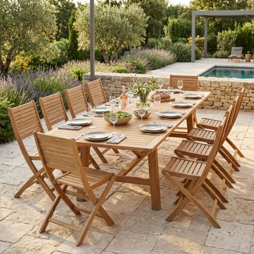 ORATOR - set tavolo in teak cm.220/300 x 100 x 77 h con 10 sedie Orator