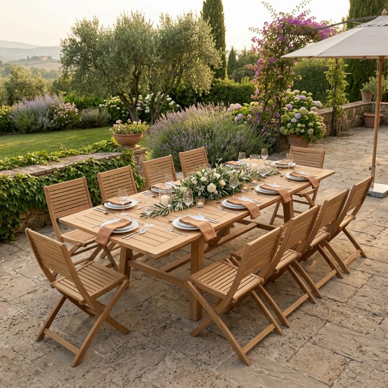 ORATOR - set tavolo in teak cm.220/300 x 100 x 77 h con 10 sedie Orator