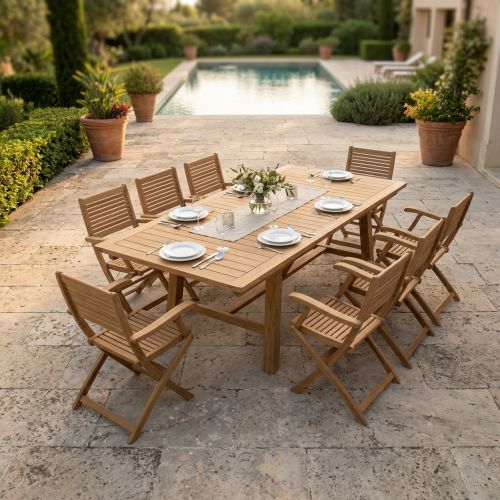 ORATOR - set tavolo in teak cm.220/300 x 100 x 77 h con 8 poltrone Orator