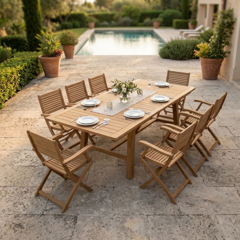 ORATOR - set tavolo in teak cm.220/300 x 100 x 77 h con 8 poltrone Orator