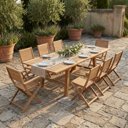 ORATOR - set tavolo in teak cm.220/300 x 100 x 77 h con 6 sedie e 2 poltrone Orator