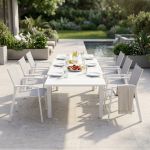 JERRI - set tavolo in alluminio cm 135/270 x 90 x 75 h con 6 poltrone Lotus