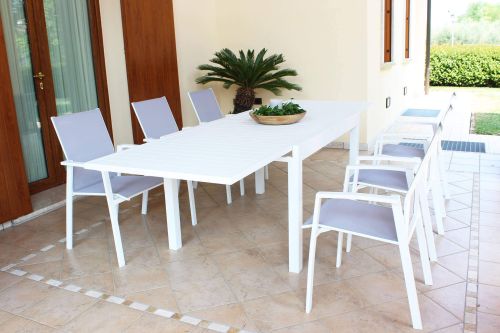JERRI - set tavolo in alluminio cm 135/270 x 90 x 75 h con 6 poltrone Lotus