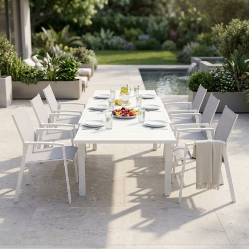 JERRI - set tavolo in alluminio cm 135/270 x 90 x 75 h con 6 poltrone Lotus