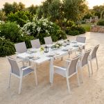 JERRI - set tavolo in alluminio cm 135/270 x 90 x 75 h con 8 poltrone Lotus