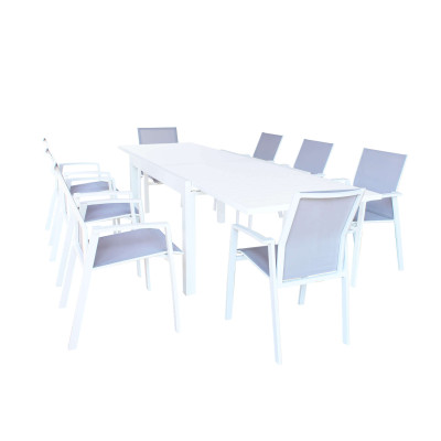 JERRI - set tavolo in alluminio cm 135/270 x 90 x 75 h con 8 poltrone Lotus