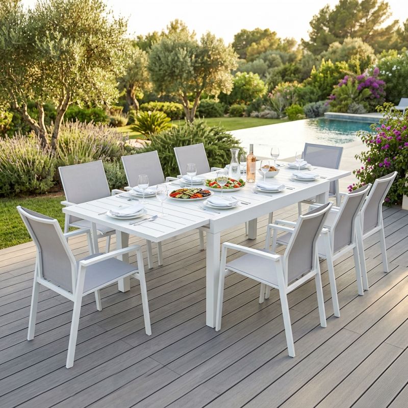 JERRI - set tavolo in alluminio cm 135/270 x 90 x 75 h con 8 poltrone Lotus