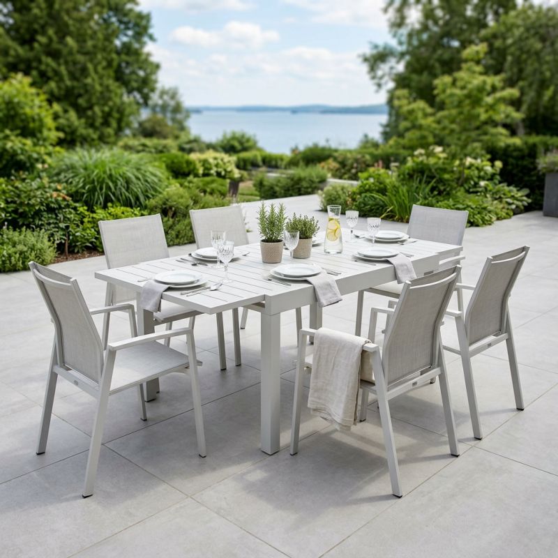 JERRI - set tavolo in alluminio cm 135/270 x 90 x 75 h con 6 poltrone Lotus