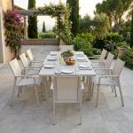 JERRI - set tavolo in alluminio cm 135/270 x 90 x 75 h con 8 poltrone Lotus