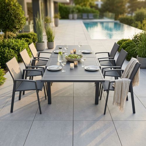 JERRI - set tavolo in alluminio cm 135/270 x 90 x 75 h con 6 poltrone Lotus