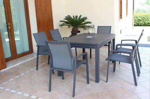 JERRI - set tavolo in alluminio cm 135/270 x 90 x 75 h con 6 poltrone Lotus