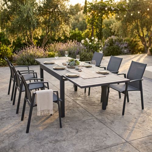 JERRI - set tavolo in alluminio cm 135/270 x 90 x 75 h con 6 poltrone Lotus