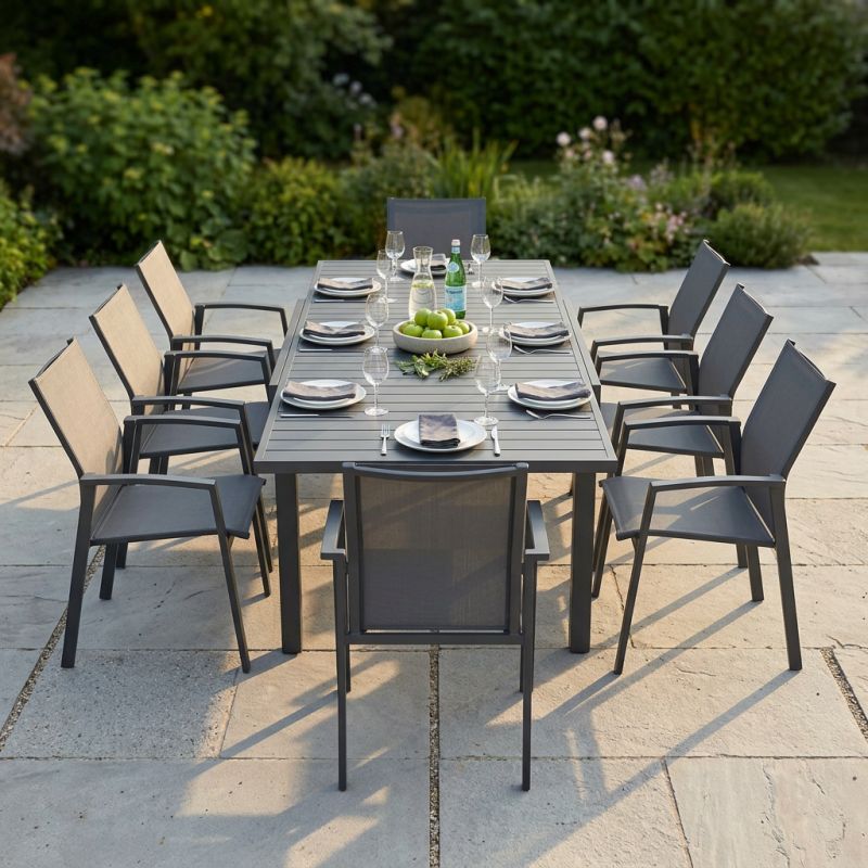 JERRI - set tavolo in alluminio cm 135/270 x 90 x 75 h con 8 poltrone Lotus