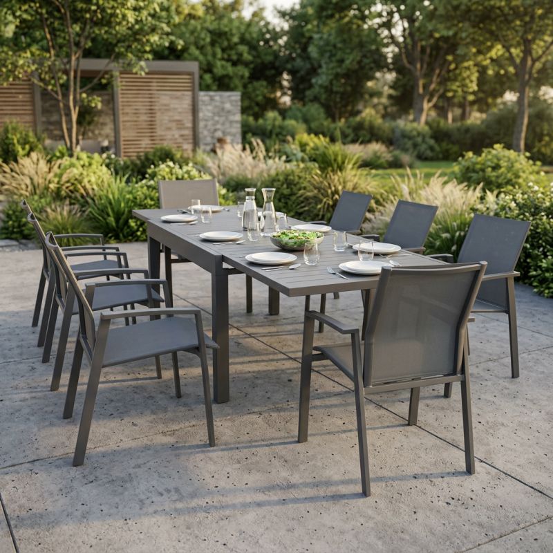 JERRI - set tavolo in alluminio cm 135/270 x 90 x 75 h con 8 poltrone Lotus