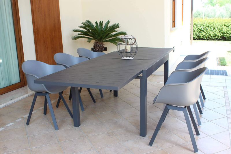 JERRI - set tavolo in alluminio cm 135/270 x 90 x 75 h con 6 poltrone Jessie