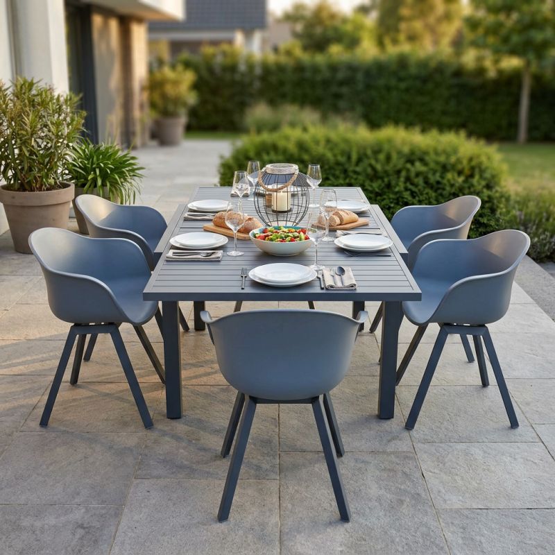 JERRI - set tavolo in alluminio cm 135/270 x 90 x 75 h con 6 poltrone Jessie