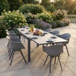 JERRI - set tavolo in alluminio cm 135/270 x 90 x 75 h con 8 poltrone Jessie